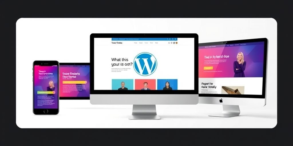 A split-screen comparison showing a WordPress site perfectly adapted on mobile, tablet and desktop with responsive design elements and touch-friendly buttons