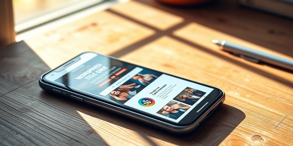 A modern smartphone displaying a responsive WordPress website with clear navigation, fast loading speed, and perfect element alignment, placed on a wooden desk with natural lighting.