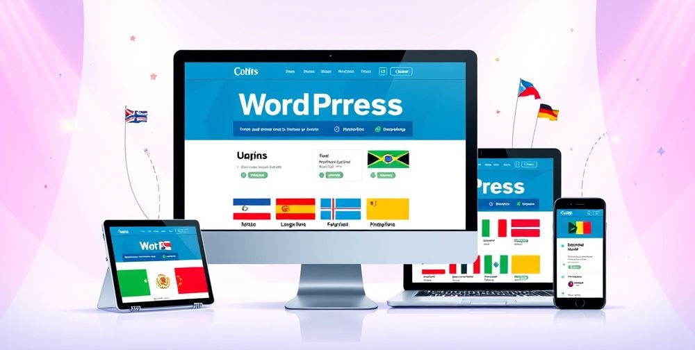 A vibrant illustration of a WordPress website displayed on multiple devices in different languages, symbolizing global reach and accessibility with colorful language flags.