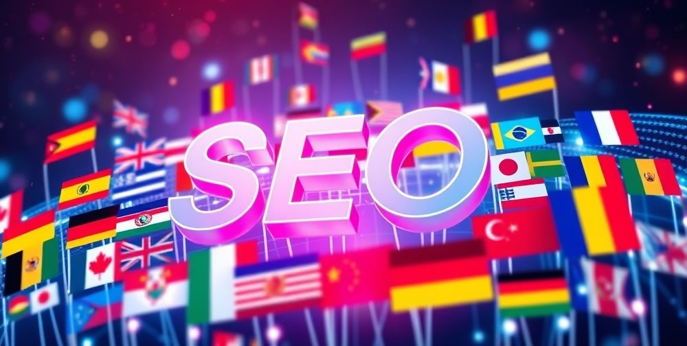 An artistic concept of SEO icons intertwining with global flags and coding symbols, representing multilingual SEO optimization strategies in a digital environment.