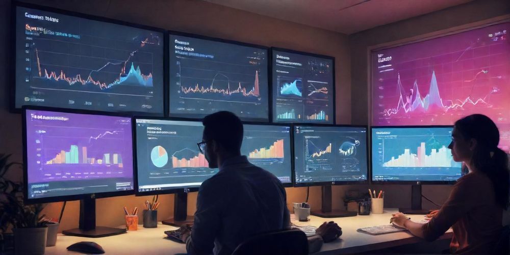 A digital illustration showing a startup team analyzing SEO data on a computer screen, with charts and graphs in the background, conveying the importance of SEO analytics.