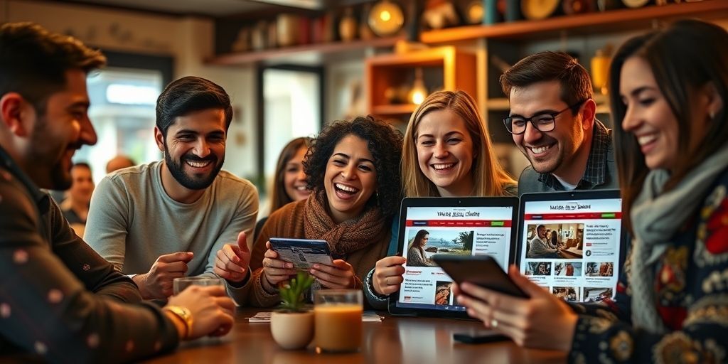 A diverse group of people smiling while browsing a beautifully designed Persian WordPress website on different devices - desktop, tablet and mobile - in a cozy cafe setting, with clear focus on their positive reactions and intuitive interface interactions.