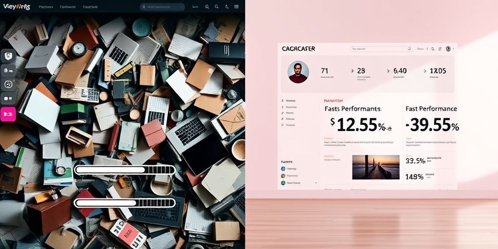 A split-screen comparison showing a cluttered, slow-loading WordPress theme versus a clean, modern theme with clear navigation and fast performance indicators, highlighting UX improvement metrics.