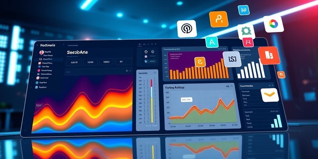 A dashboard view showing heatmaps, user session recordings, and conversion metrics on a WordPress analytics plugin interface, with floating icons of tools like Hotjar, Google Analytics, and A/B testing.