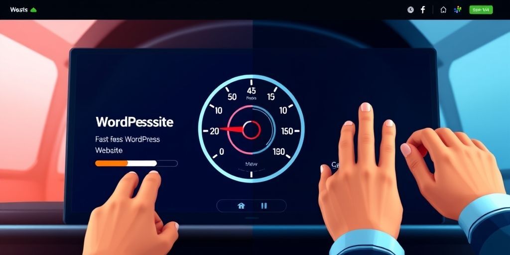 A split-screen showing a fast-loading WordPress website on the left with happy users, and a slow-loading site on the right with frustrated users tapping their fingers, with speedometer graphics in the background, vibrant colors, modern UI elements.