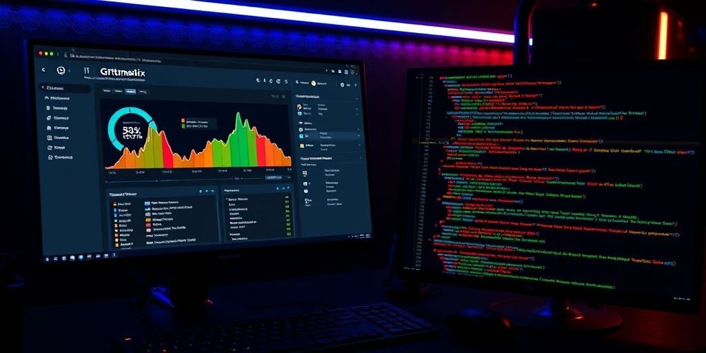 A detailed dashboard of GTmetrix showing performance grades for a WordPress site, with speed visualization graphics, alongside a code editor with optimized CSS/JS files, in a sleek dark-themed workspace.