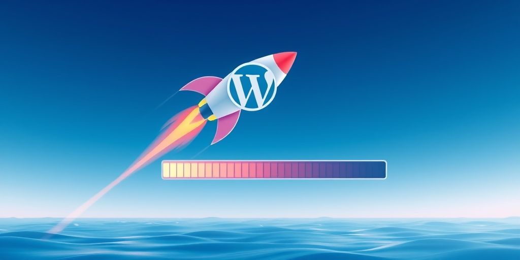 A 3D render of a rocket-shaped WordPress logo taking off from a loading bar, with speed trails behind it, against a gradient blue background, symbolizing website acceleration.