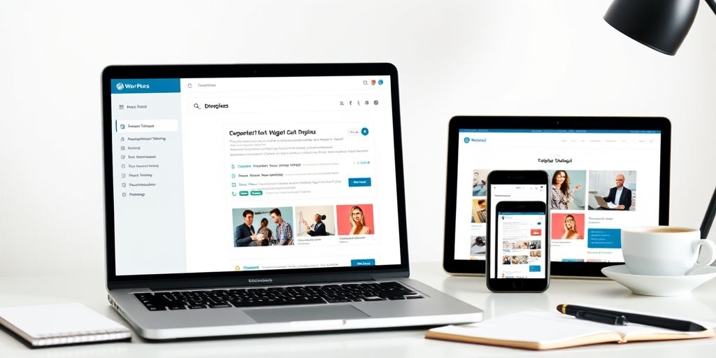 A modern laptop showing a WordPress theme customization panel with Farsi text, colorful interface elements, and responsive design previews on multiple devices, set on a minimalist desk with a notebook and coffee.