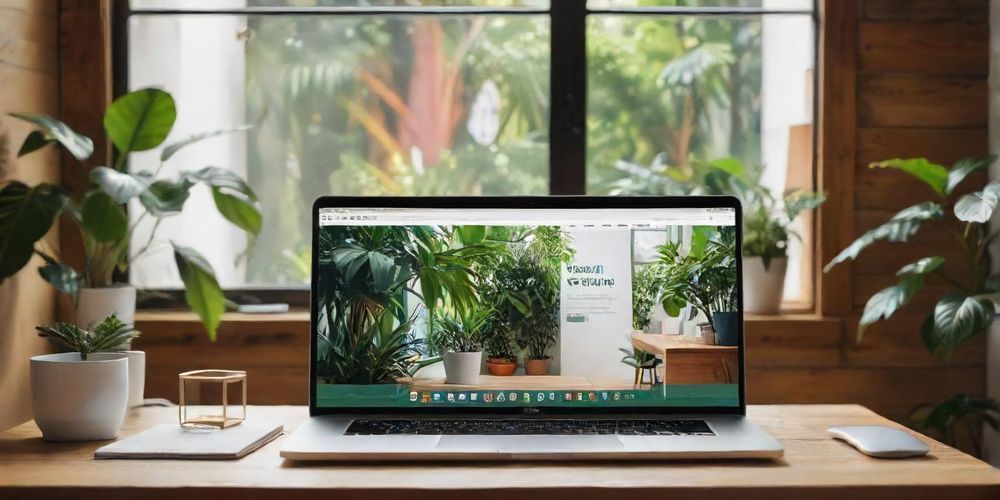 A clean and modern WordPress template displayed on a laptop screen, surrounded by a vibrant office environment, illustrating user-friendly web design.