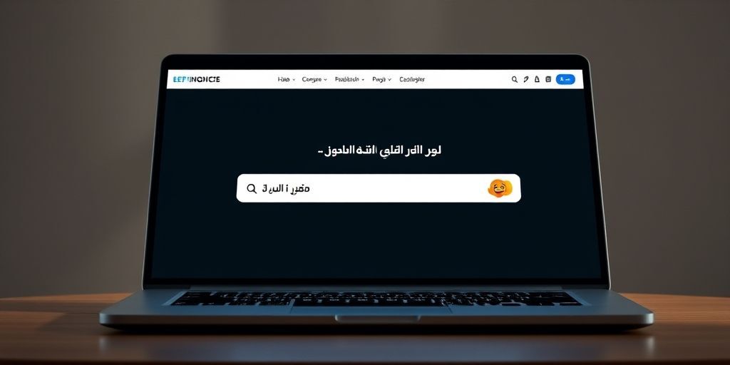 A modern e-commerce website on a laptop screen, showing a clean search bar with instant results. Persian text in search query, surrounded by minimalist design elements and happy customer icons.