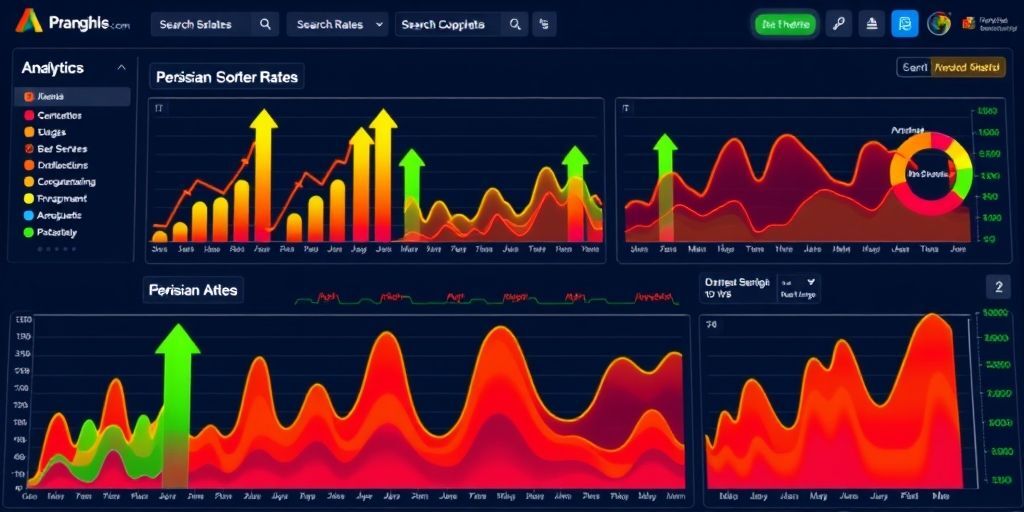 An analytics dashboard showing Persian search terms, conversion rates, and heatmaps. Graphs display improvement trends with upward arrows and green indicators.