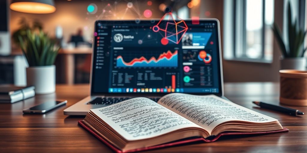 A modern workspace showing a laptop displaying WordPress dashboard with AI analytics overlay, colorful data visualizations floating above the screen, and a notebook with Persian calligraphy in the foreground, symbolizing human-AI collaboration.
