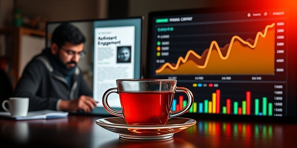 A split-screen showing a Persian blogger editing AI-generated WordPress content on the left, and on the right, colorful analytics graphs showing rising engagement metrics, with a warm cup of tea in the foreground.