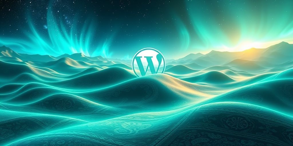 A futuristic Persian digital landscape with WordPress logos integrated into AI neural networks, floating above a traditional Persian carpet pattern, symbolizing the fusion of tradition and technology.