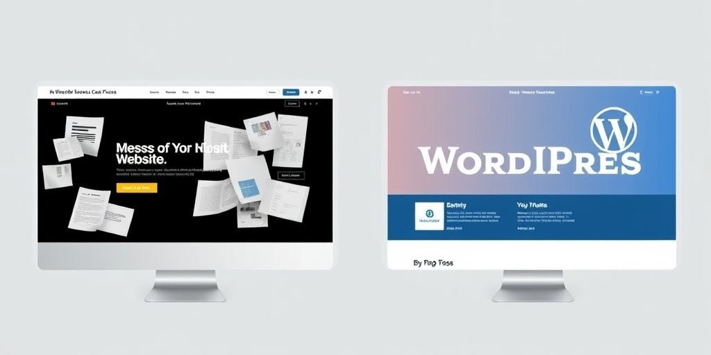 A split-screen image showing a messy, unprofessional website on the left versus a sleek, modern WordPress site on the right, highlighting visual contrast and user experience differences.
