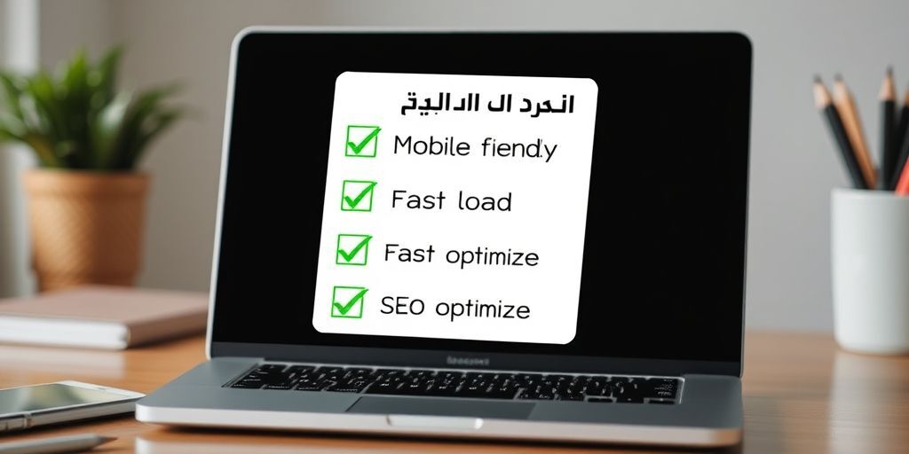 A checklist floating above a laptop showing Persian language criteria: mobile-friendly, fast loading, SEO optimized, with green checkmarks next to each item.