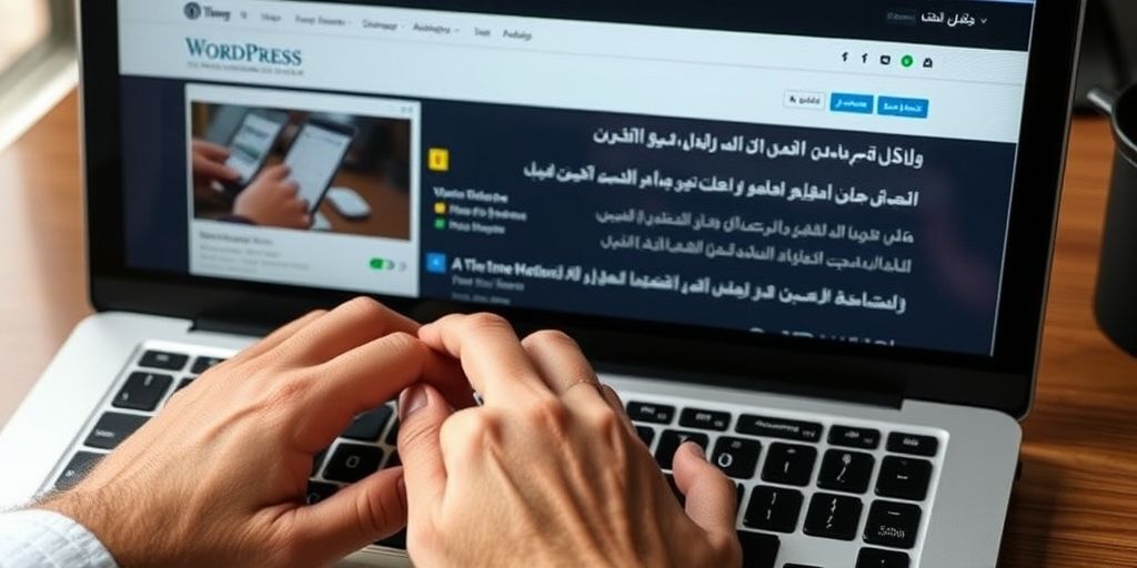 Hands typing on a keyboard with a Persian-language WordPress dashboard visible on screen, showing theme installation process with clear step-by-step visuals.
