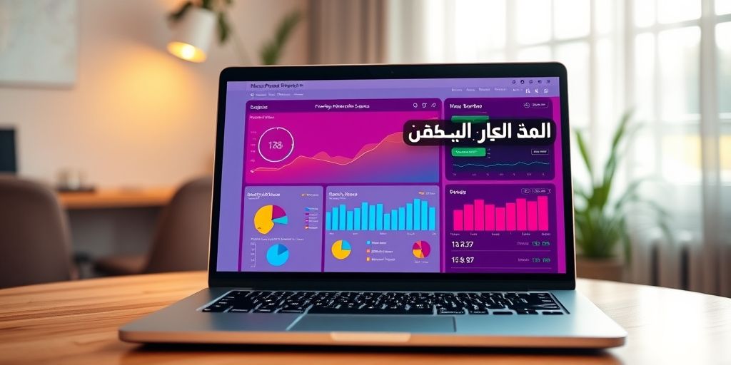 A modern laptop showing WordPress dashboard with SEO plugin interface, colorful analytics graphs visible, Persian text overlays highlighting key metrics, warm natural lighting