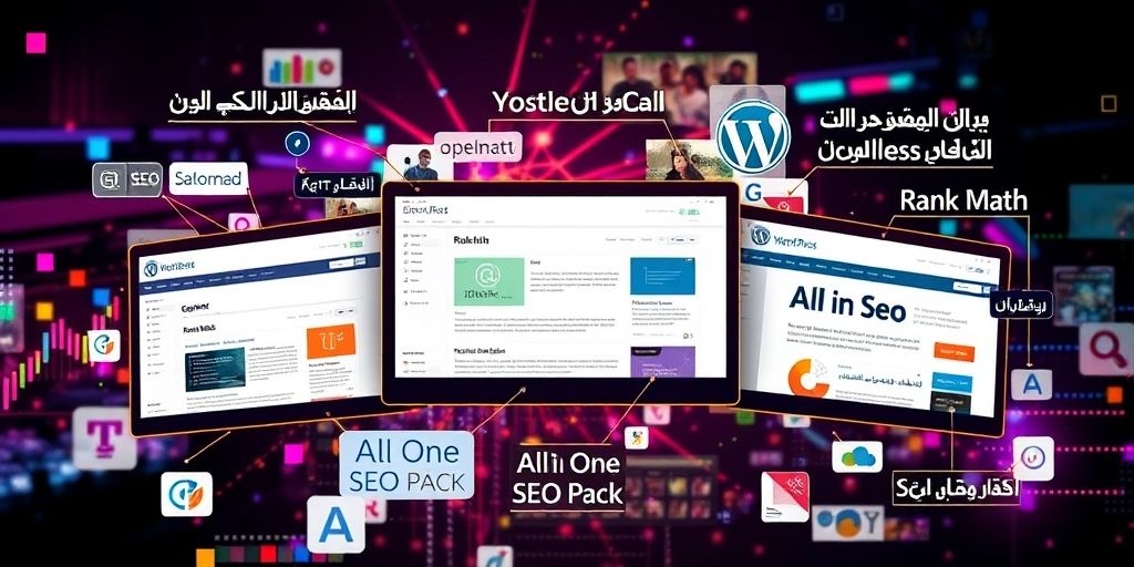 Collage of three popular WordPress SEO plugin interfaces: Yoast, Rank Math, and All in One SEO Pack, with Persian callouts showing key features, vibrant colors