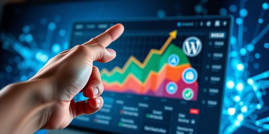 Hand pointing at rising traffic analytics graph on dashboard, with WordPress logo and SEO icons floating around, dynamic blue and green light effects
