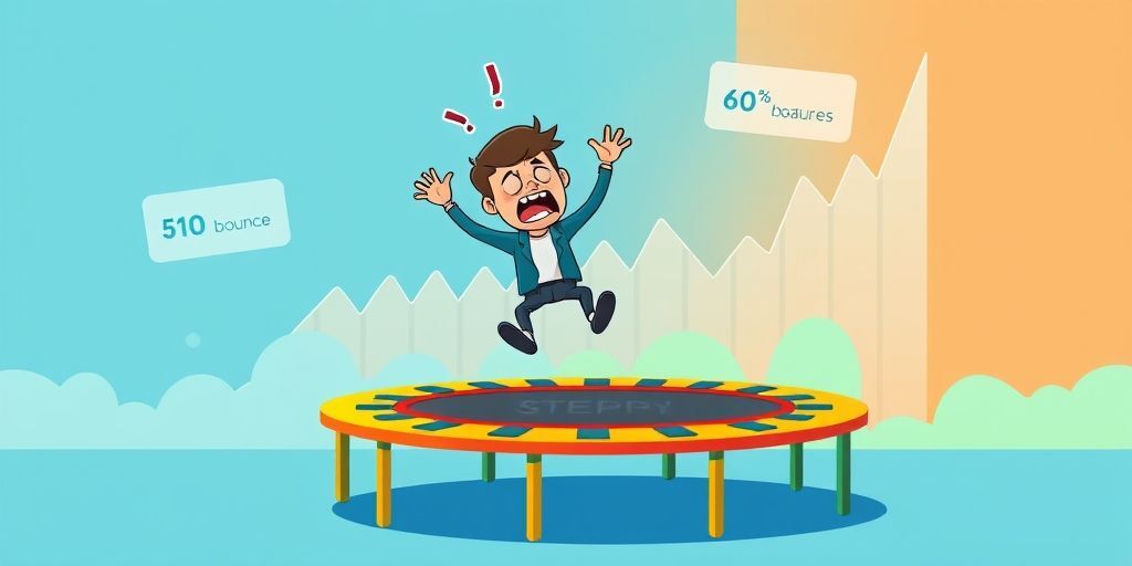 A frustrated user bouncing away from a WordPress website visualized as a trampoline, with analytics graphs showing high bounce rates in the background, modern flat design style with vibrant colors.