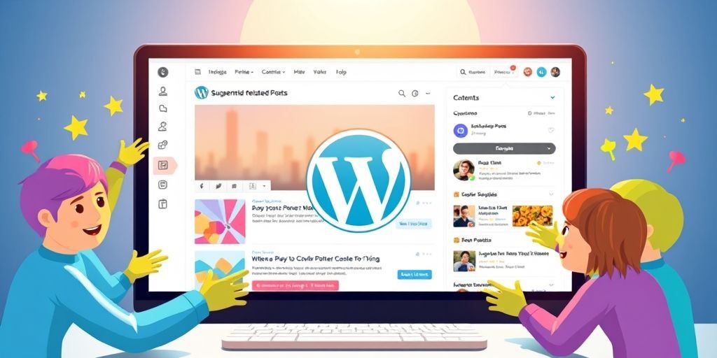 A WordPress editor screen showing engaging content with interactive elements like polls and related posts, surrounded by happy user icons clicking on different sections.