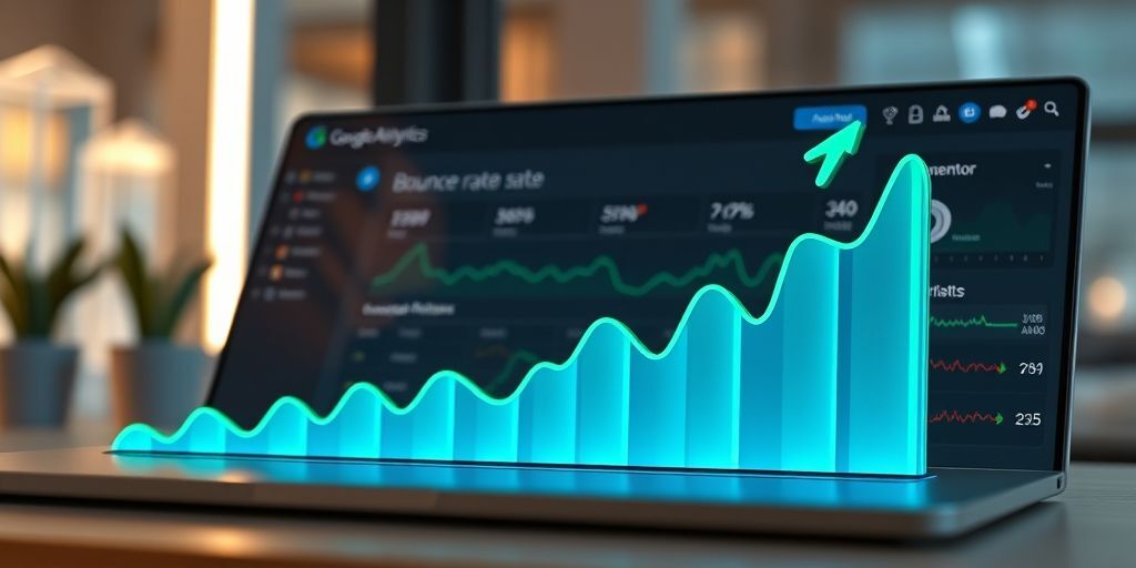 A dashboard showing Google Analytics bounce rate decreasing over time, with a WordPress admin panel visible in the background, realistic 3D style with downward trend graphs.
