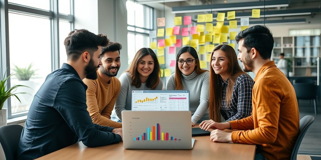 A diverse team of young entrepreneurs in a modern startup office, gathered around a laptop displaying colorful keyword research data visualizations and Persian search terms, with sticky notes on a glass wall showing strategy ideas, natural daylight