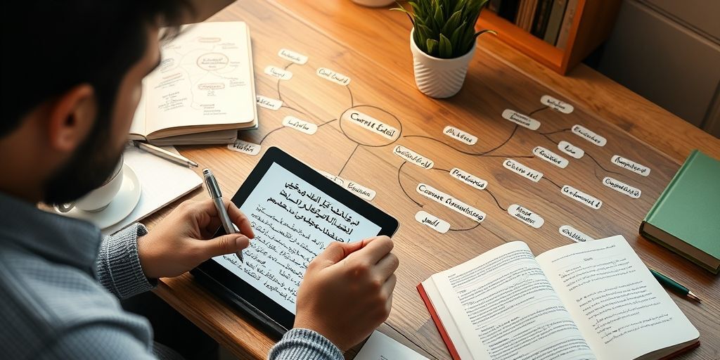 A content creator writing in Persian on a tablet, surrounded by coffee and notebooks, with a mind map showing keyword clusters connected to content ideas for startups, warm workspace ambiance