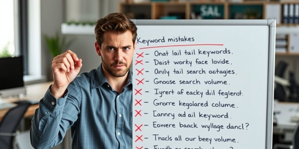 A frustrated entrepreneur crossing out a keyword list on a whiteboard, with red X marks over common mistakes like ignoring long-tail keywords and focusing only on search volume, office background