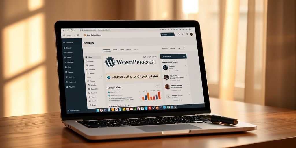 A modern laptop displaying a clean WordPress dashboard interface in Persian language, showing main menu items like posts, media, and comments. Warm natural light illuminates the workspace with a notebook and pen nearby, symbolizing user-friendly management.