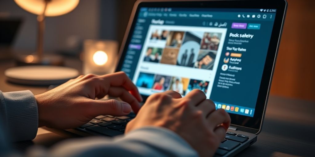 Close-up of hands typing on a keyboard with WordPress content editor visible on screen in Persian, showing block editor features like paragraph blocks, image gallery, and SEO analysis tools. Focus on user interaction with the interface.