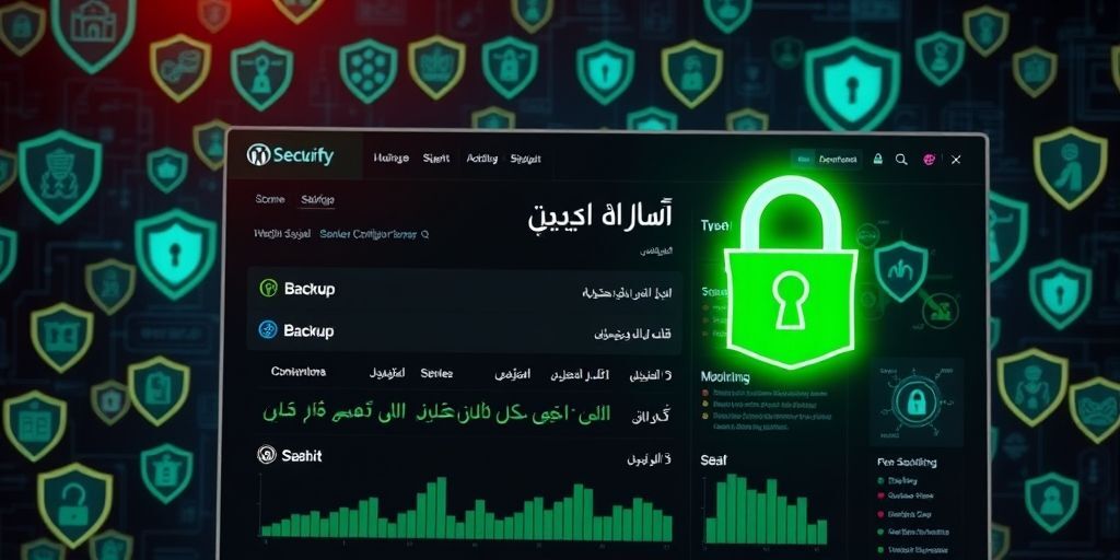 A secure WordPress dashboard showing backup and security settings in Persian, with a green lock icon symbolizing safety. Background shows server status graphs and shield icons, conveying protection and reliability.