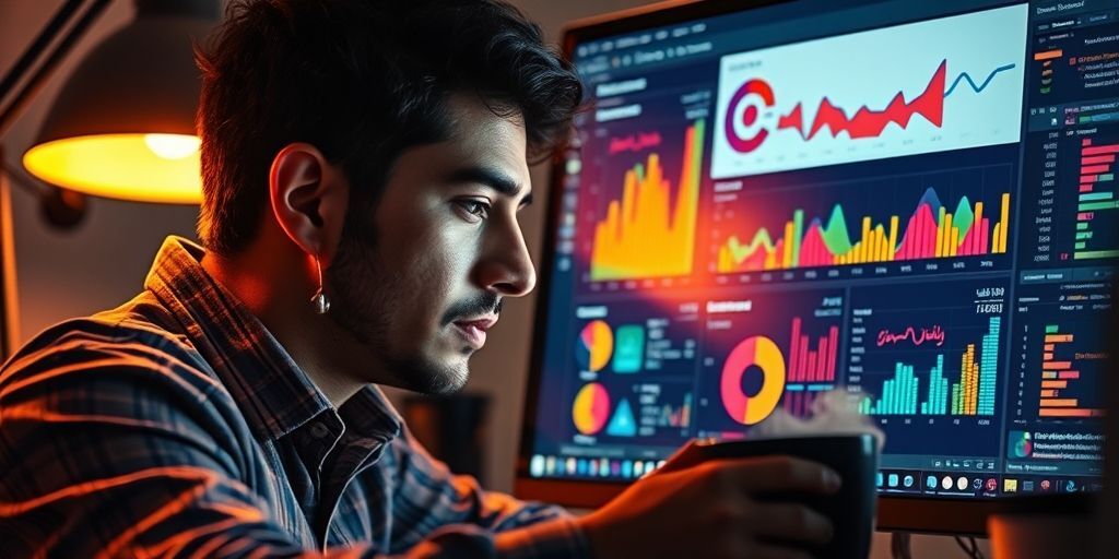 A person analyzing colorful data charts on a WordPress dashboard, with focused expression and coffee cup nearby, showing detailed metrics visualization in Farsi/Persian language interface