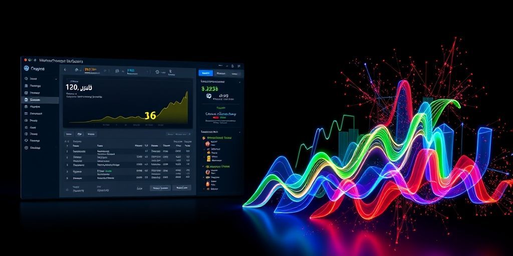 A split-screen showing WordPress dashboard with advanced reporting plugin interface in Persian next to colorful 3D data visualization graphs on a dark background