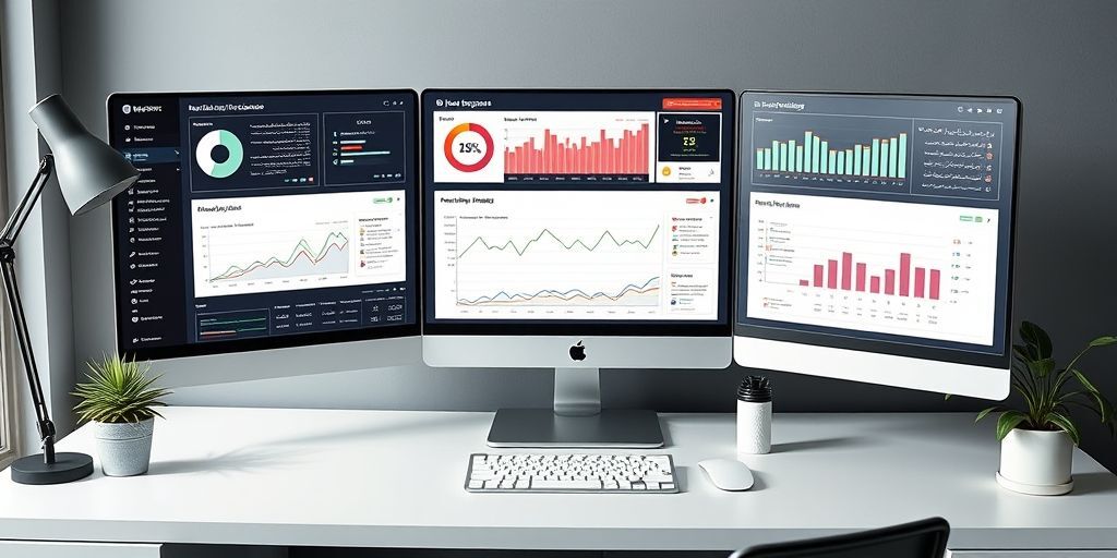 An elegant desktop setup showing multi-screen WordPress dashboard with real-time analytics, custom reports in Persian, and data visualization on a modern desk with plants