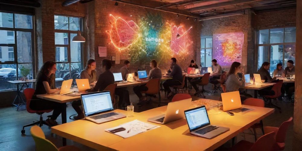 A bustling startup office filled with young entrepreneurs discussing innovative ideas, vibrant colors, laptops open, and notes scattered, emphasizing a dynamic environment.