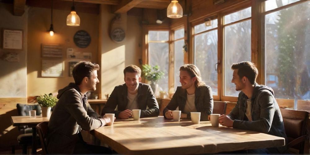 A cozy coffee shop meeting where an investor is discussing startup opportunities with a group of young entrepreneurs, engaged in an interactive brainstorming session.