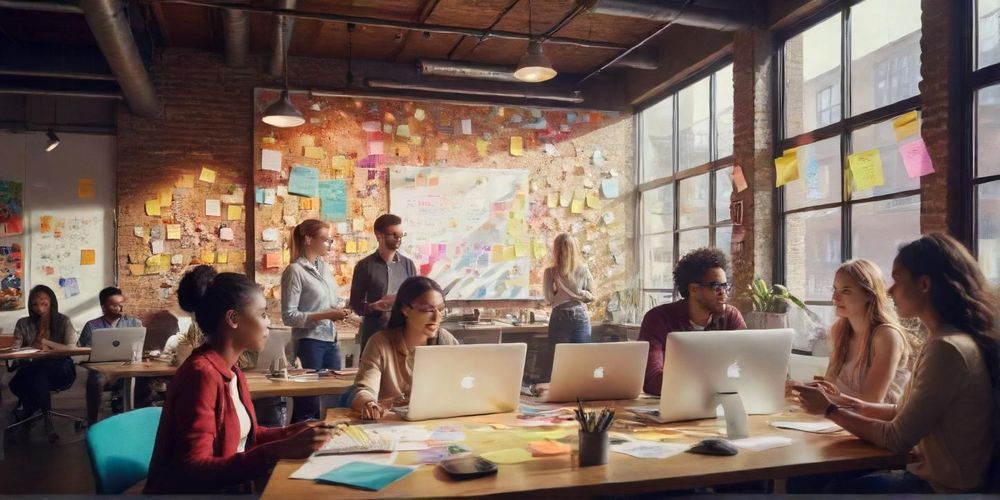 A vibrant collage of diverse startups showcasing innovation and collaboration, featuring young entrepreneurs brainstorming ideas in a modern office space.