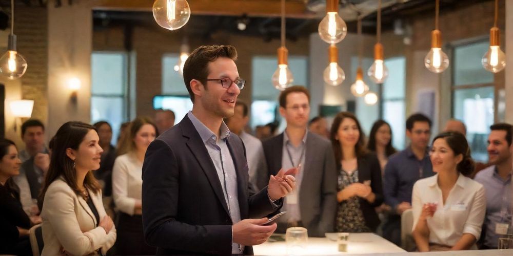 A group of investors discussing strategies at a startup pitch event, highlighting the dynamic interaction and networking opportunities within the entrepreneurial ecosystem.