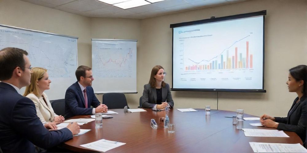 A governmental office meeting where policymakers are discussing regulations and incentives for startup support, showcasing charts and data that reflect economic growth strategies.