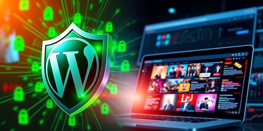 A split-screen image showing a secure WordPress shield on the left protecting a website on the right, with green lock icons and glowing security layers, illustrating website protection in a digital landscape.