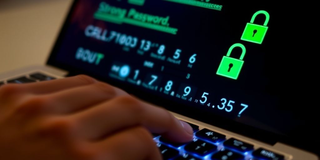 A close-up of a hand typing on a keyboard with a glowing strong password being entered, showing a mix of letters, numbers, and symbols, with a green secure lock icon appearing on the screen.