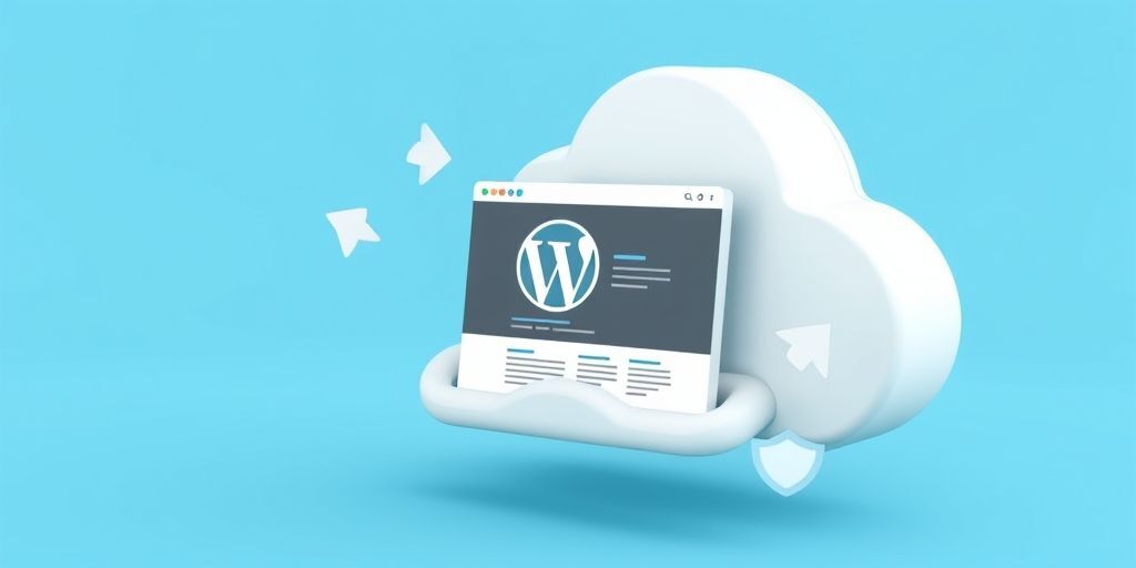 A 3D animation showing a WordPress website being safely stored into a floating cloud storage with backup arrows and shield icons, symbolizing secure offsite backups.