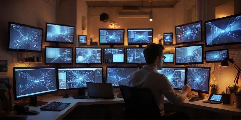 An artistic depiction of a web designer working on a responsive design project, surrounded by screens showing various devices and designs, capturing the essence of modern web development.