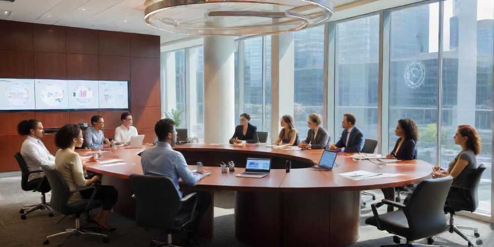 A group of diverse professionals discussing website security strategies around a modern conference table, showcasing teamwork and collaboration in protecting digital assets against cyber threats.