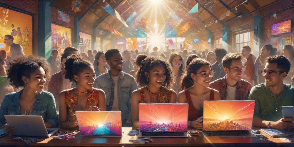 A detailed illustration showing a diverse group of people representing different demographics and target audiences in an online marketing context, with vibrant colors and engaging scenes.