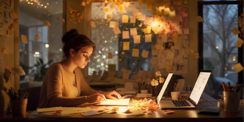 An inspiring image of a person writing engaging content on a laptop, surrounded by notes and ideas, conveying creativity and the importance of quality in online marketing.