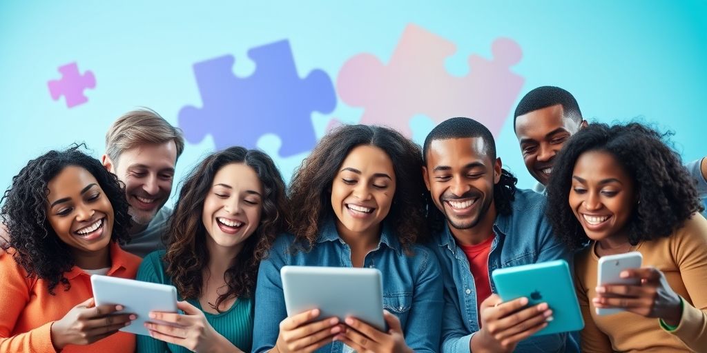 A diverse group of people smiling while interacting on digital devices, with targeted marketing symbols like puzzle pieces fitting together, showing personalized connections in a vibrant online world.