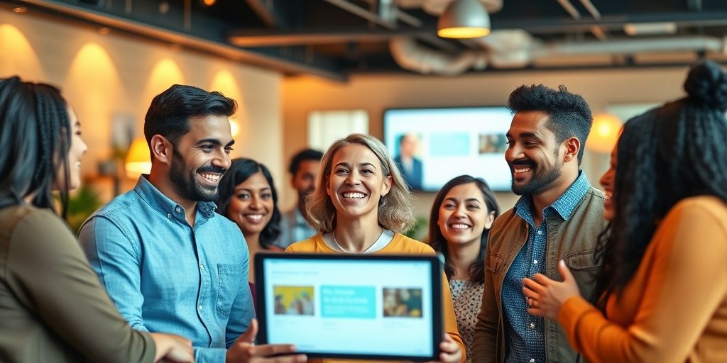 A marketer interacting warmly with diverse customers through multiple digital channels, showing personalized messages on screens with genuine smiles, in a cozy modern office setting.
